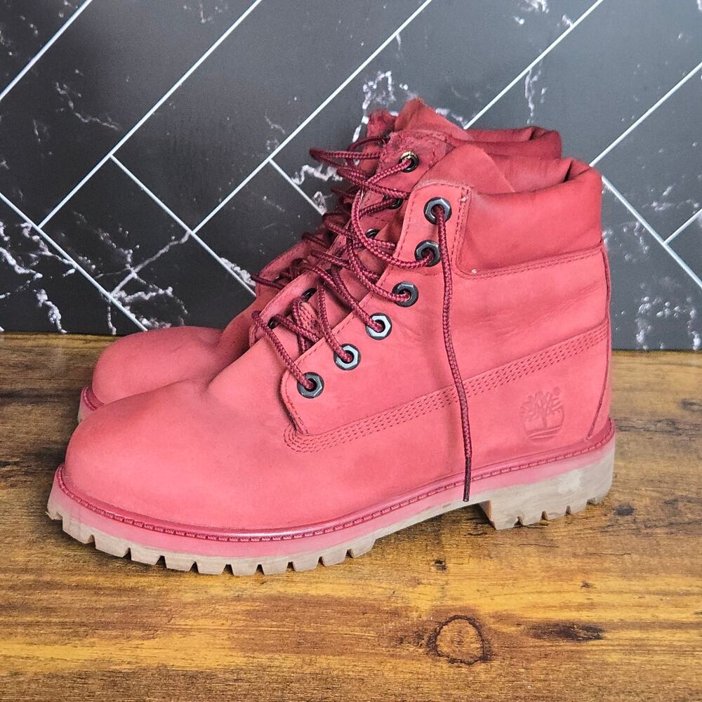 Timberland 6 Inch Premium Boots Girls Size 6 Red Pink Nubuck Leather READ
